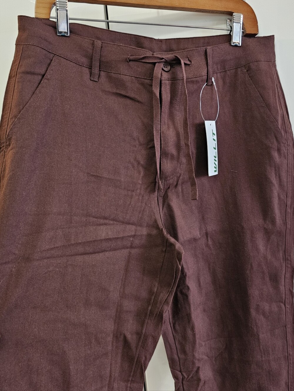 New Willit Burgundy Red Straight Fit Cotton Linen Blend Twill Chino Trousers - Picture 13 of 13